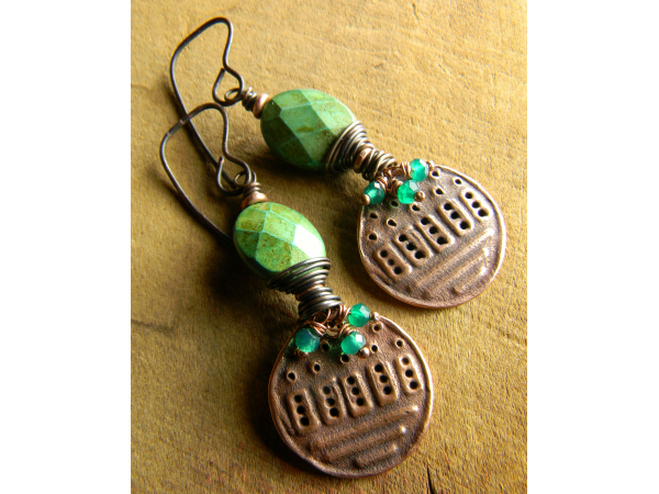 Wire wrapped green stones with copper by Gloria Ewing.