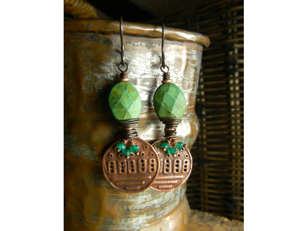 Gorgeous contrasting greens with copper by Gloria Ewing.