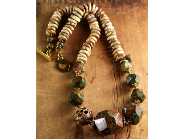 Chunky statement necklace with jasper and African Brass.