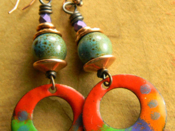 Copper enamel beaded earrings by Gloria Ewing.