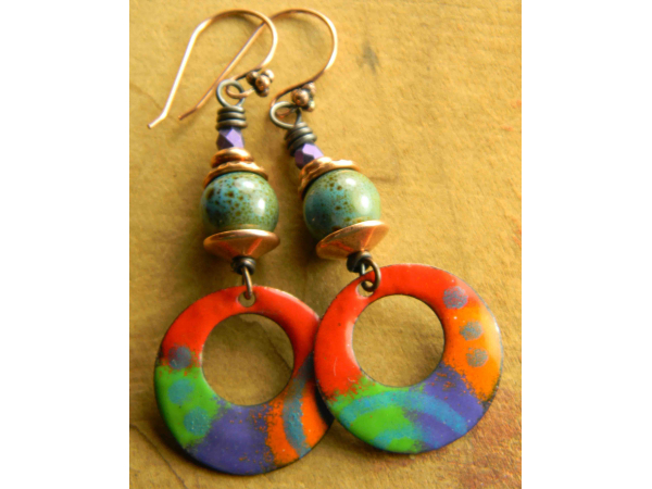 Copper enamel beaded earrings by Gloria Ewing.