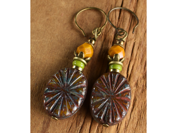 Colors of autumn in Czech glass earrings from Gloria Ewing.