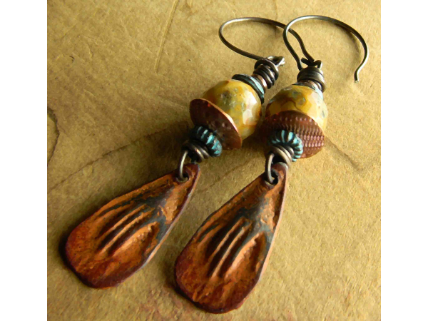 Agate beaded earrings with southwest charms by Gloria Ewing.