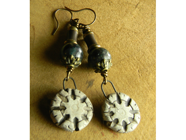 Primitive ceramic drop earrings with chrysocolla by Gloria Ewing.