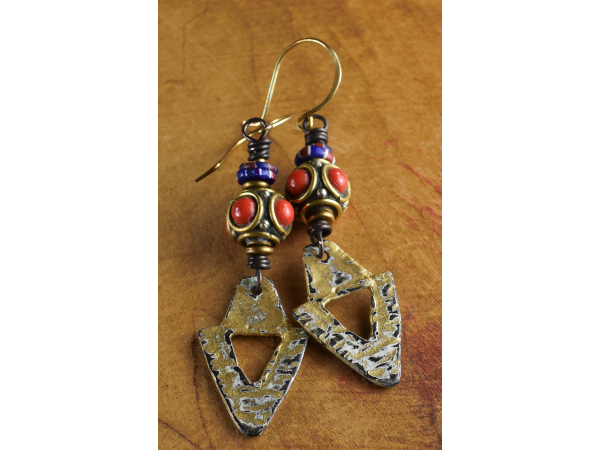 Long dangle earring design with inlaid Tibetan beads from Gloria Ewing.