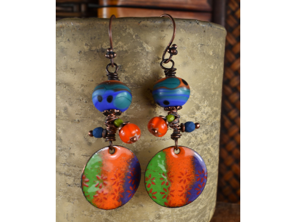 Artisan lamp work glass with copper enamel, design by Gloria Ewing.