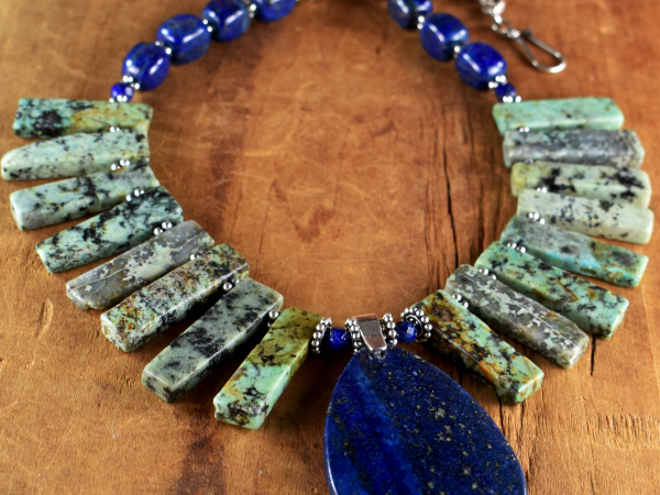 Tribal style necklace design with African turquoise and lapis lazuli.