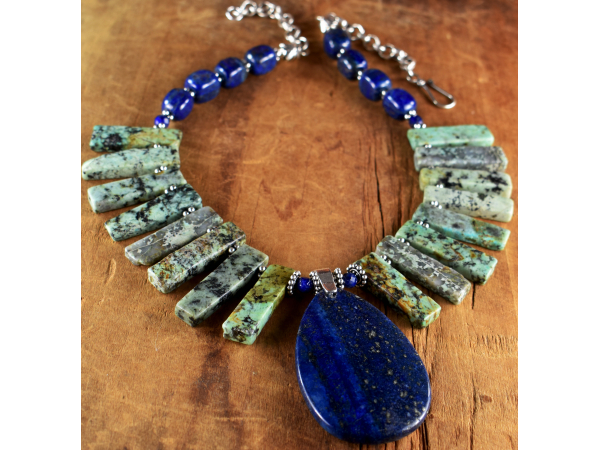 Tribal style necklace design with African turquoise and lapis lazuli.