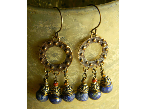 Knobby Bronze Hoop Earrings with Lapis Lazuli | Chrysalis Tribal Jewelry