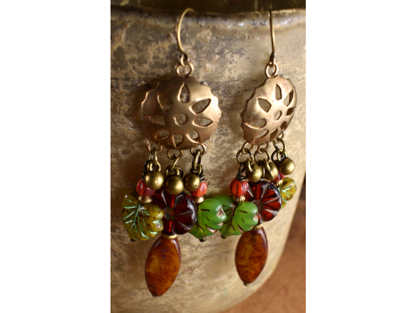 Colors of autumn in Czech glass chandelier earrings.