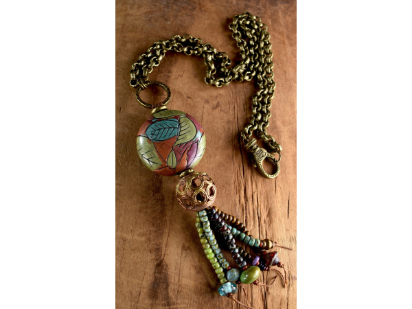Unusual beaded pendant necklace with brass rolo chain by Gloria Ewing.