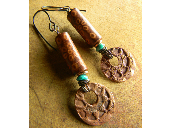 Carved Leather Turquoise Earrings with Copper