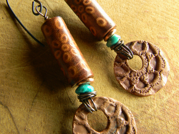 Carved Leather Turquoise Earrings with Copper Carved Leather Turquoise Earrings with Copper