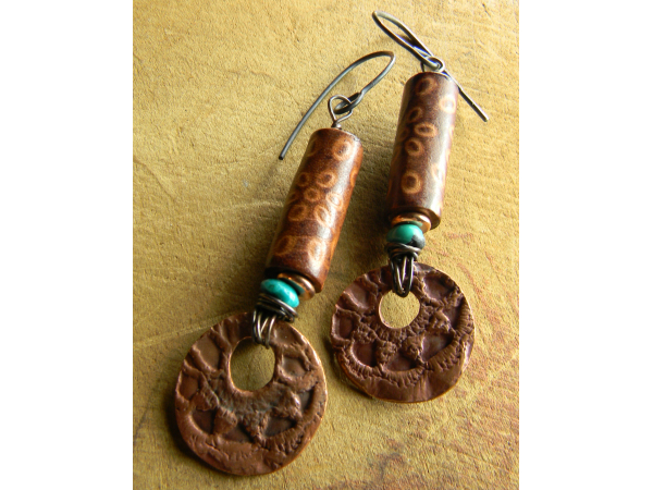 Copper Metal Clay Earrings with Turquoise
