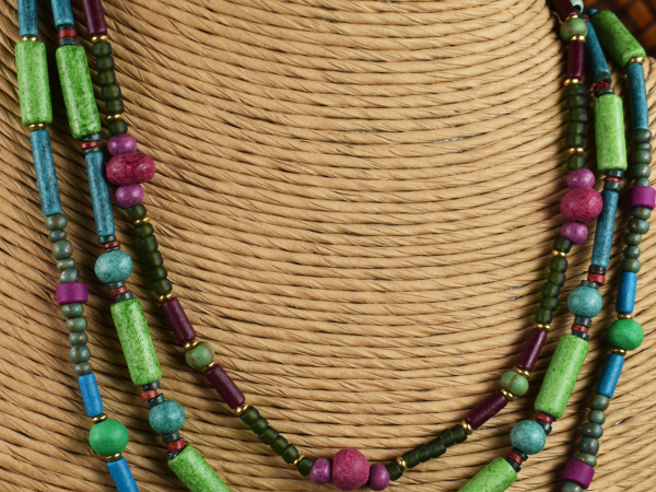 Greek Mykonos beads in a wrap necklace from Gloria Ewing.