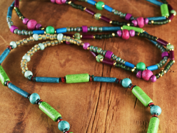 Wildly colorful wrap necklace by Gloria Ewing.