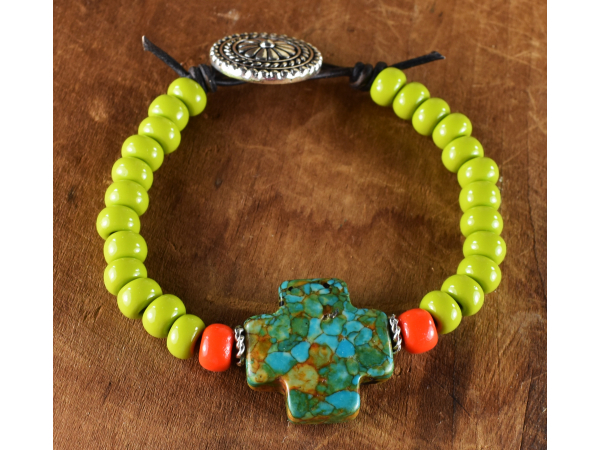 Colorful beaded leather bracelet by Gloria Ewing.