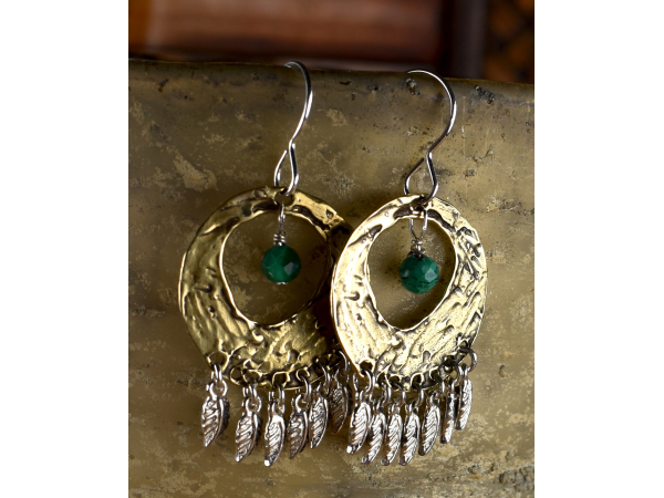 Artisan bronze and silver earrings with malachite from Gloria Ewing.