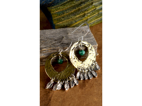 Native inspired feather earrings with bronze, silver and malachite