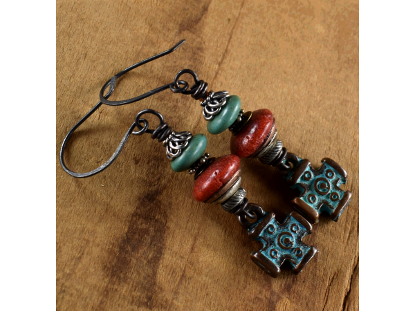 Aged look Mykonos earrings with coral and turquoise from Gloria Ewing.