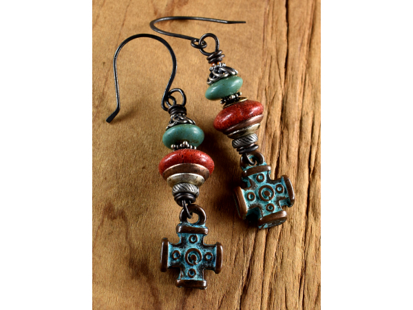 Rustic coral and turquoise with aged cross dangle earrings.