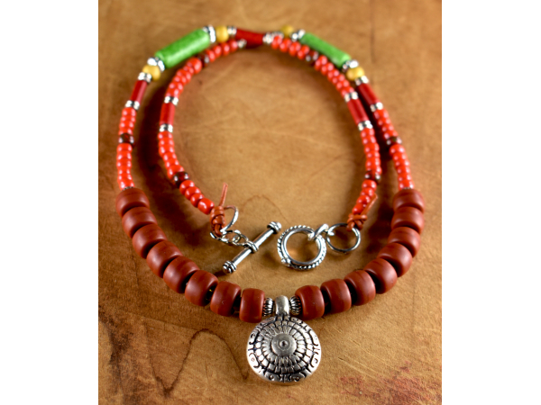 Brightly colored Greek beads in a simple necklace design by Gloria Ewing.