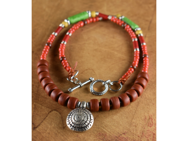 Boho hippie beaded necklace with medallion by Gloria Ewing.