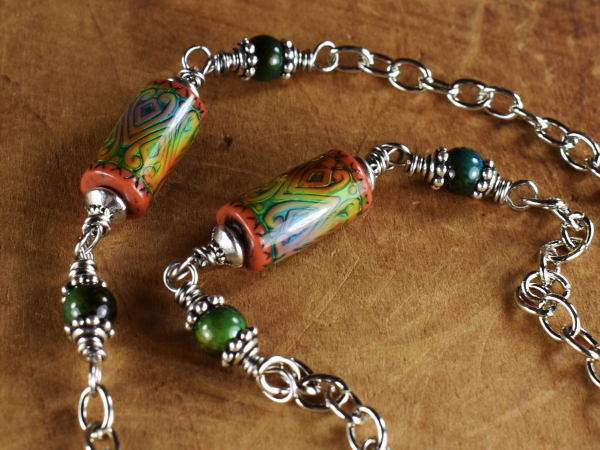 Boho pewter and mood bead necklace by Gloria Ewing.