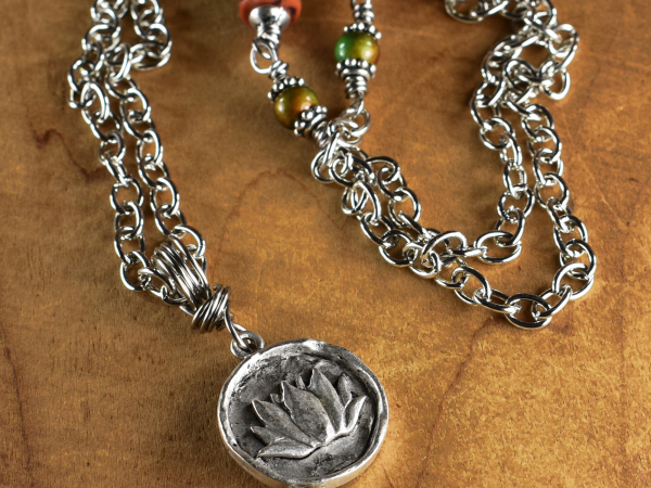 Pewter pendant necklace with mood beads by Gloria Ewing.