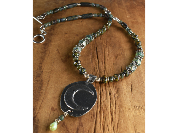 Czech Picasso beads and pewter, necklace design by Gloria Ewing.