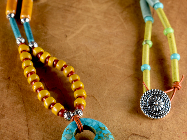 Southwestern beaded leather necklace by Gloria Ewing.