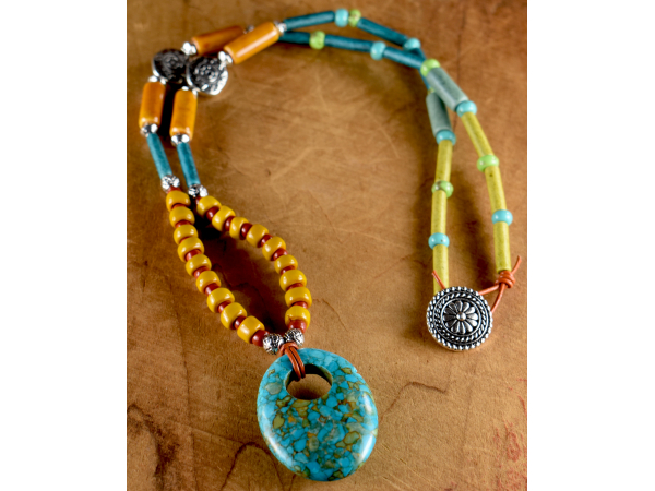 Southwestern beaded leather necklace by Gloria Ewing.