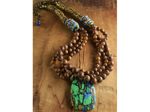 Boho tribal necklace design with jasper and Krobo by Gloria Ewing.