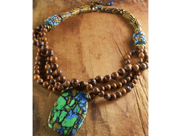 Contrasting jasper and Krobo bead necklace from Gloria Ewing.
