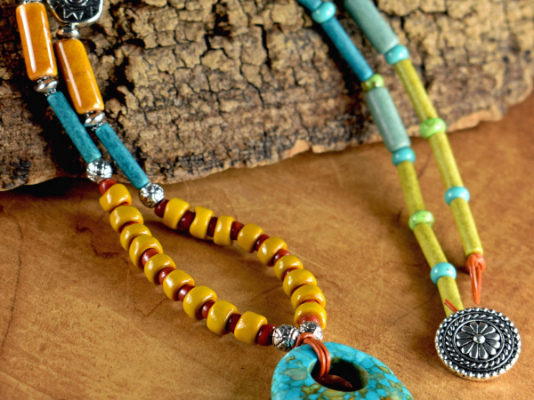Colorful beaded leather and turquoise necklace by Gloria Ewing.