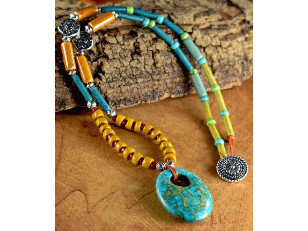 Colorful beaded leather and turquoise necklace by Gloria Ewing.