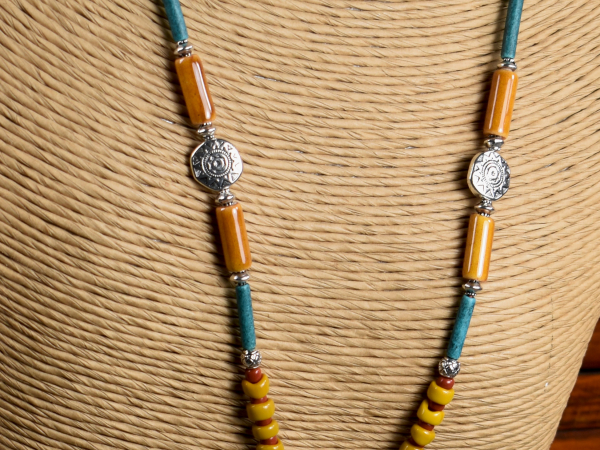 Mykonos beads on leather cord with a southwest look by Gloria Ewing.