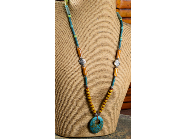 Mykonos beads on leather cord with a southwest look by Gloria Ewing.