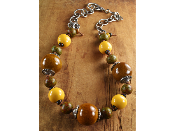 Mix of Mykonos ceramic in a necklace from Gloria Ewing.