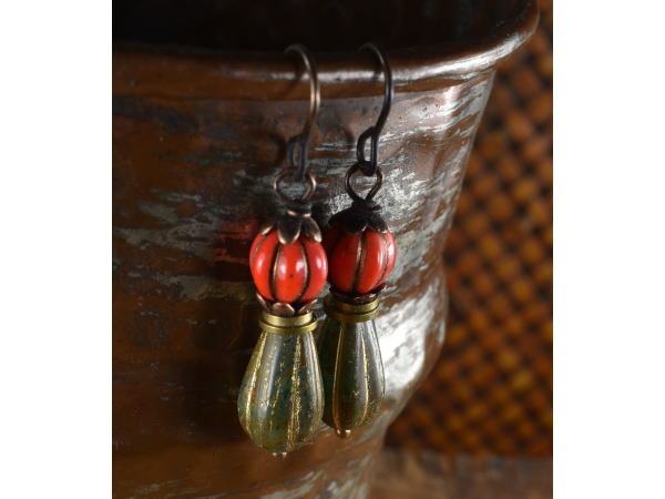 Coral and dark green Czech glass drop earrings by Gloria Ewing.