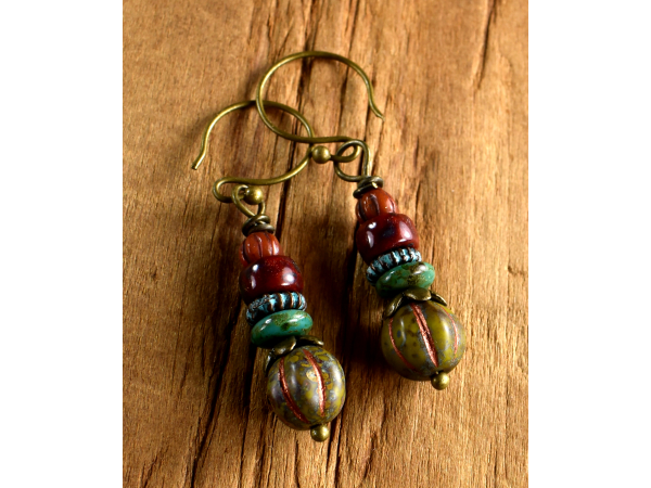 Beautiful glass beaded earrings with antiqued brass by Gloria Ewing.