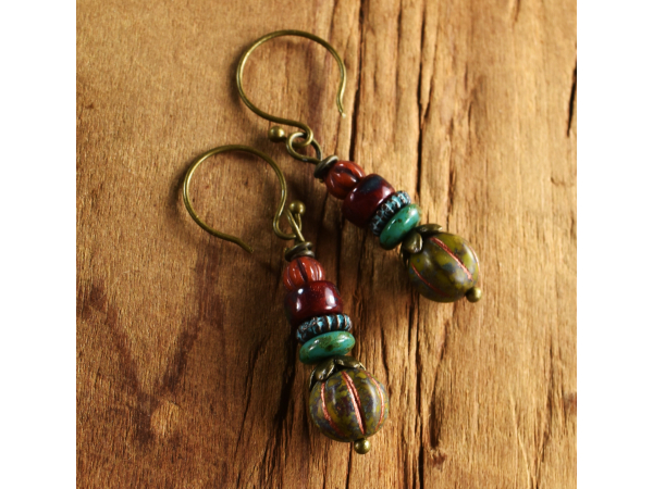 Deep saturated Czech glass beaded earrings by Gloria Ewing.