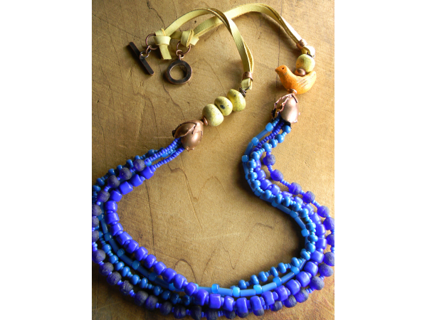 Blue Multi necklace with leather, clay & copper by Gloria Ewing.