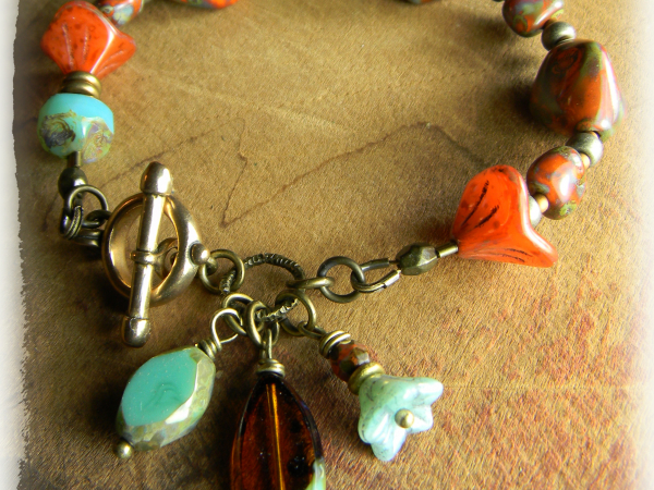Bohemian Czech glass bracelet in orange and aqua.