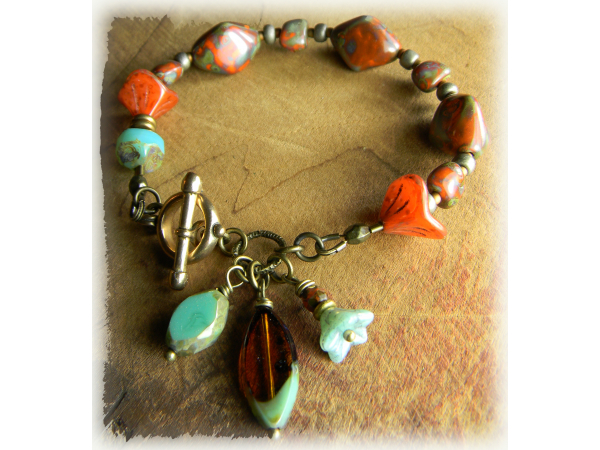 Bohemian Czech glass bracelet in orange and aqua.