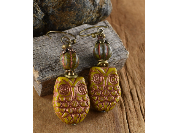 Boho owl Czech glass earrings from Gloria Ewing.