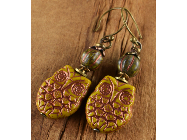 Beaded Czech glass owl earrings from Gloria Ewing.