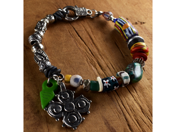 Bold blend of African beads with tribal pewter by Gloria Ewing.