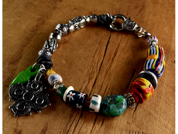 African trade bead bracelet with tribal pewter by Gloria Ewing.