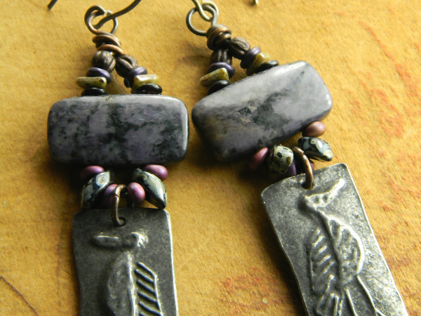 Artisan Beaded Bird Earrings Purple dormutierite earrings by Gloria Ewing.